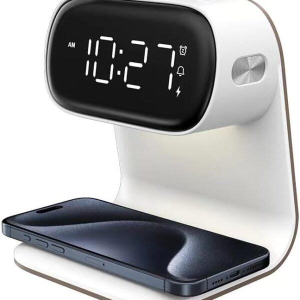 Reloj despertador digital con estación de carga rápida inalámbrica de 15W