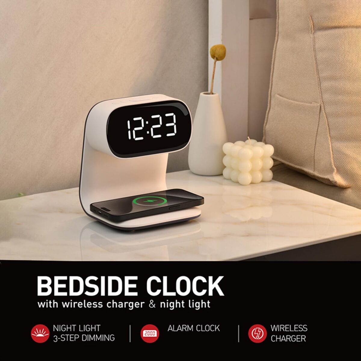 Reloj despertador digital con estación de carga rápida inalámbrica de 15W - Image 3